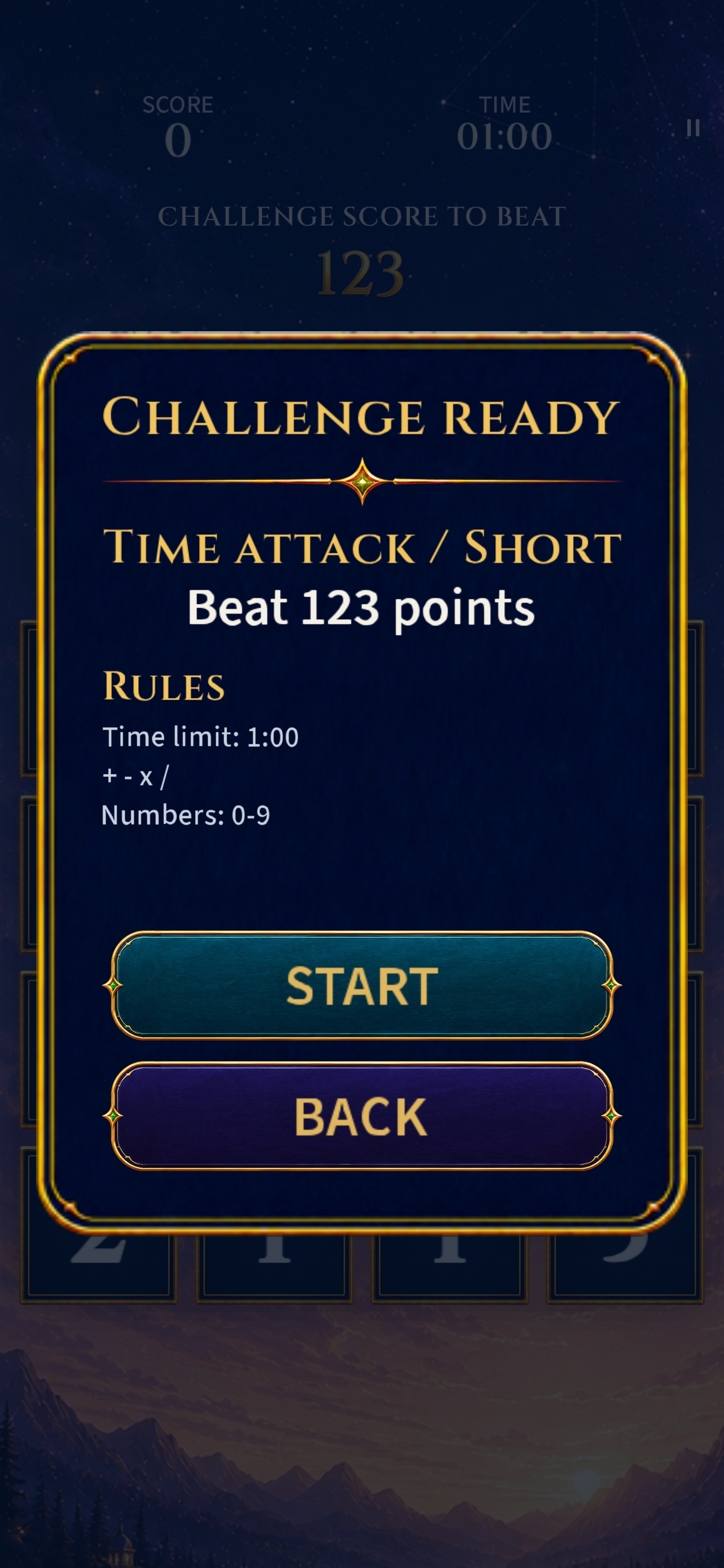 A Time Attack challenge ready screen with a score of 123 points to beat