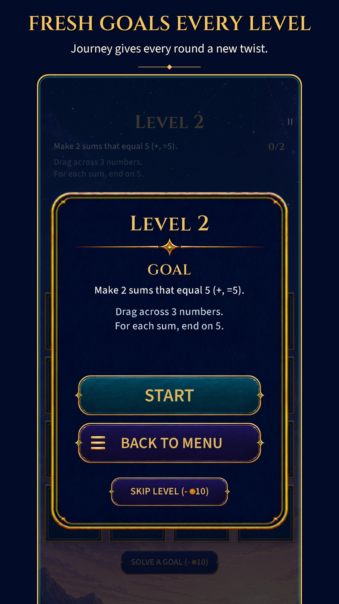 Journey mode showing a fresh Level 2 goal before play begins