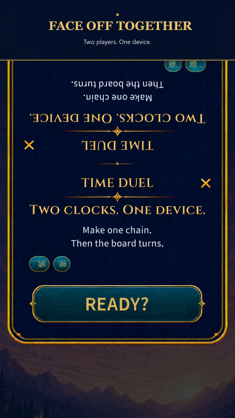 Time Duel ready screen with the play board rotated toward the active player